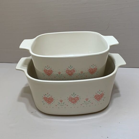 TWO CORNING WARE BAKING DISHES IN FOREVER YOURS HEARTS PATTERN - Picture 2 of 10